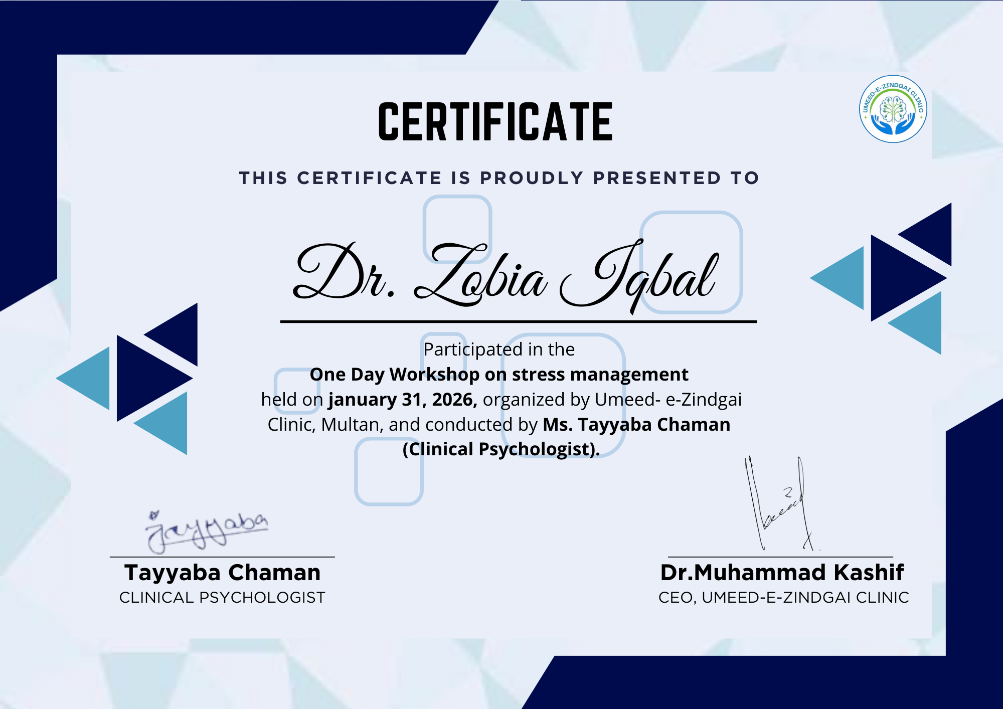 Certificate of Dr. Zobia Iqbal